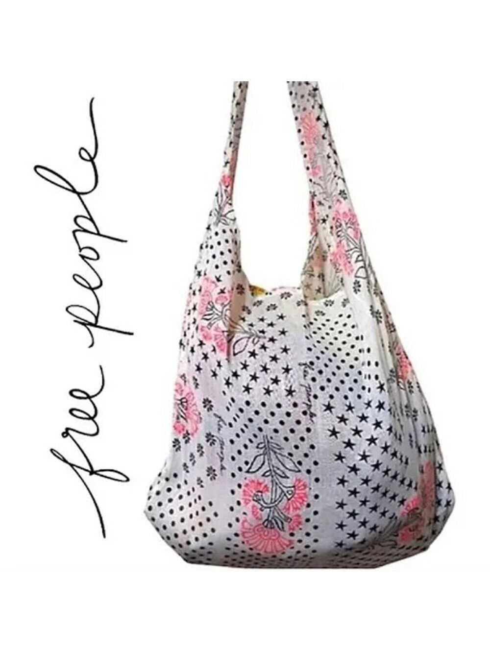Free People White Pink Floral Star Print Tote Bag Size 12”x15”